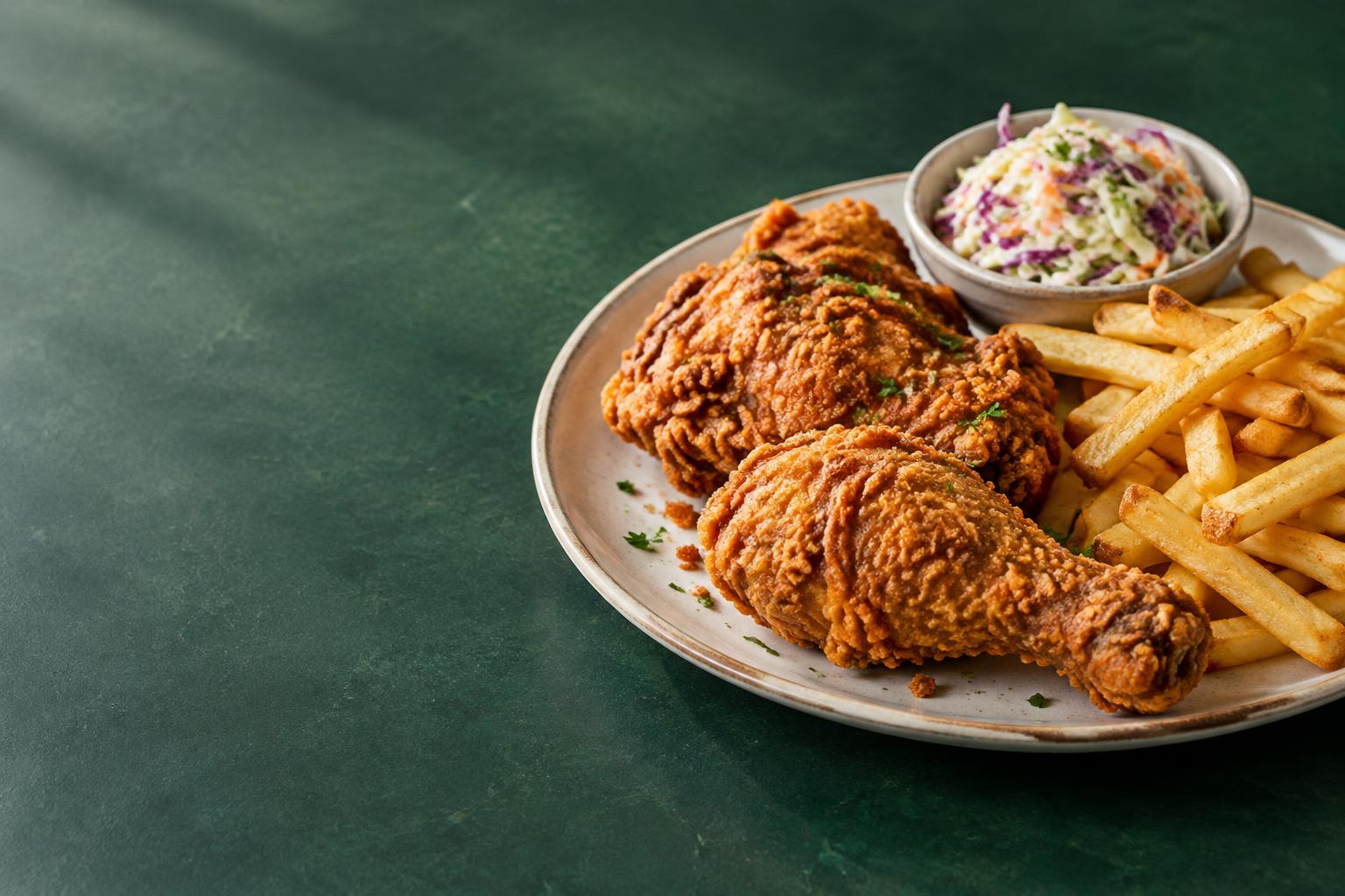 Golden fried chicken with fries and fresh slaw